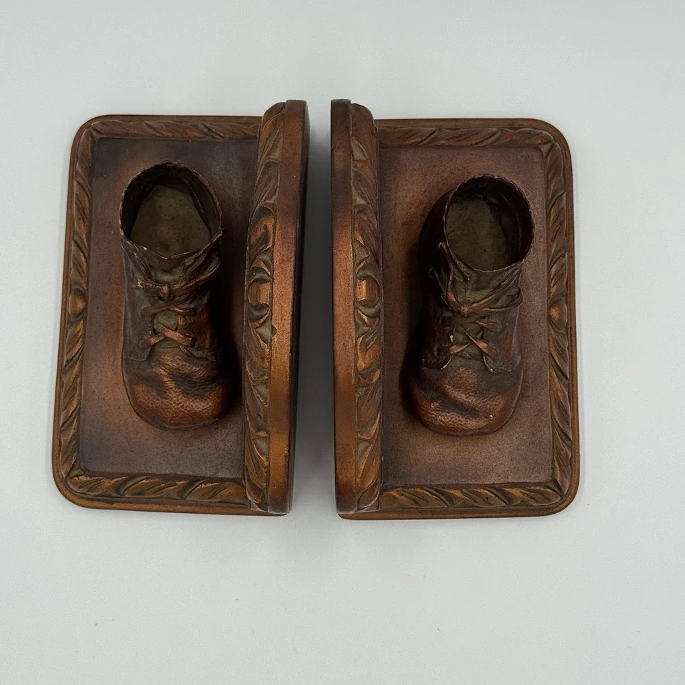 Vintage Copper Colored Bronzed Pair Baby Shoes Bookends‎ Display set of 2
